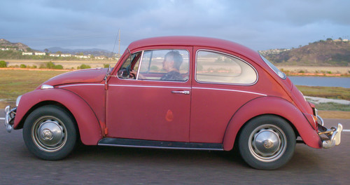 Kathleen Brooks iN ihrem VW Käfer von 1966 vor der Restaurierung. 