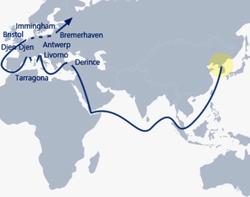 Die Seeroute von Korea nach Bremerhaven.