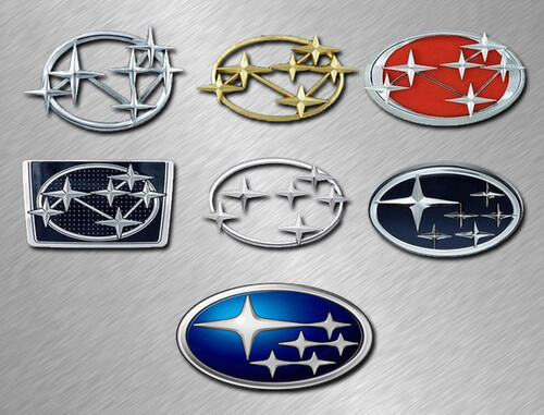 Subaru-Logos im Laufe von 70 Jahren Markengeschichte.